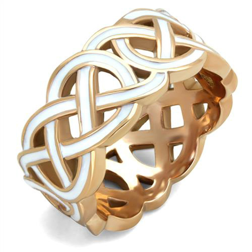 Stainless Steel Rose Gold Plated & White Epoxy Design Fashion Ring Women Sz 5-10